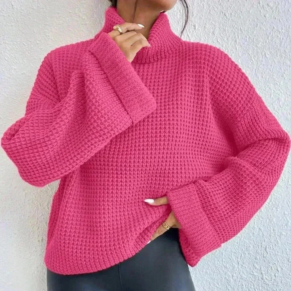 Hot Pink Casual Women's Loose Fit Turtleneck Drop Shoulder Sweater